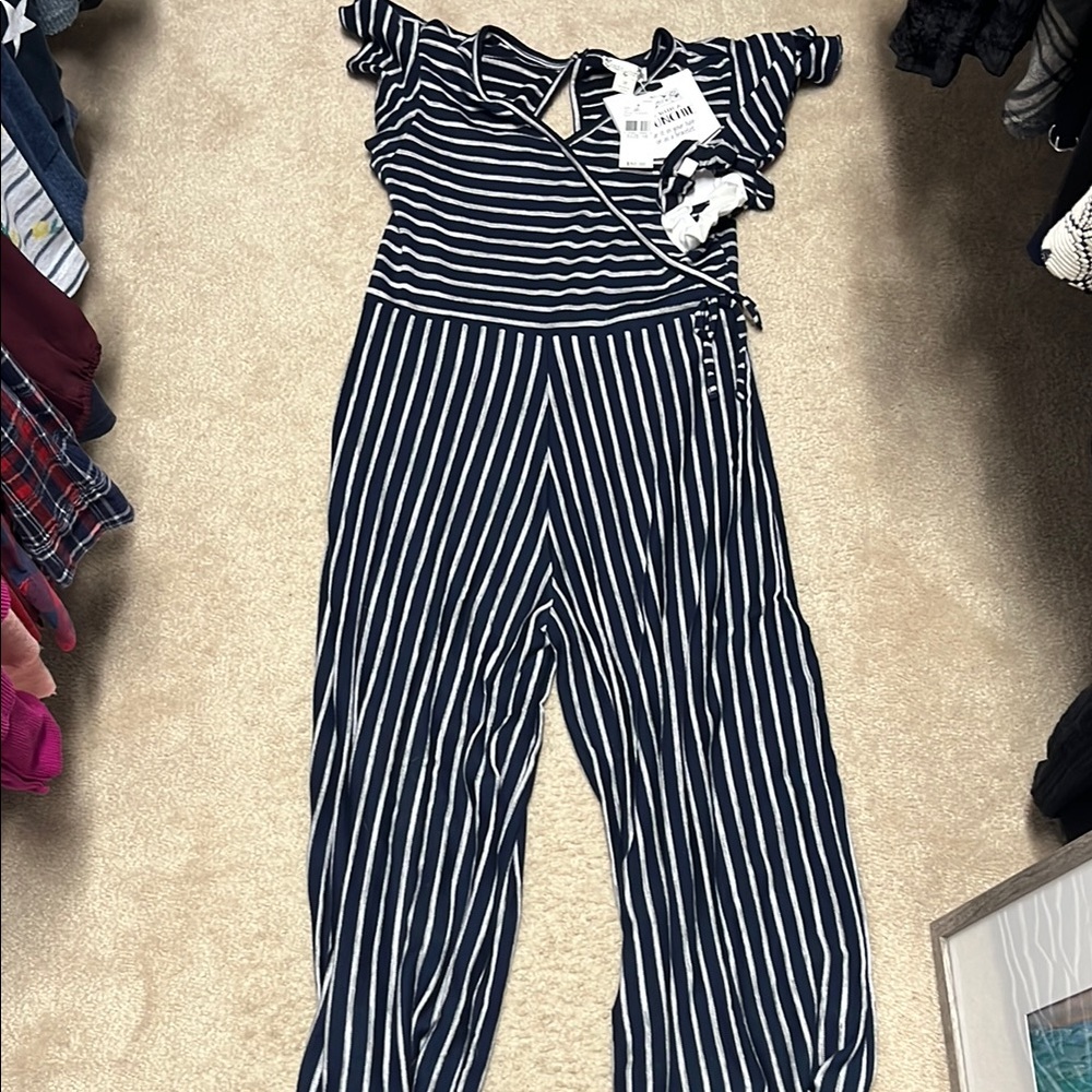 NWT! Knit works Navy and White Striped Pantsuit with matching scrunchies